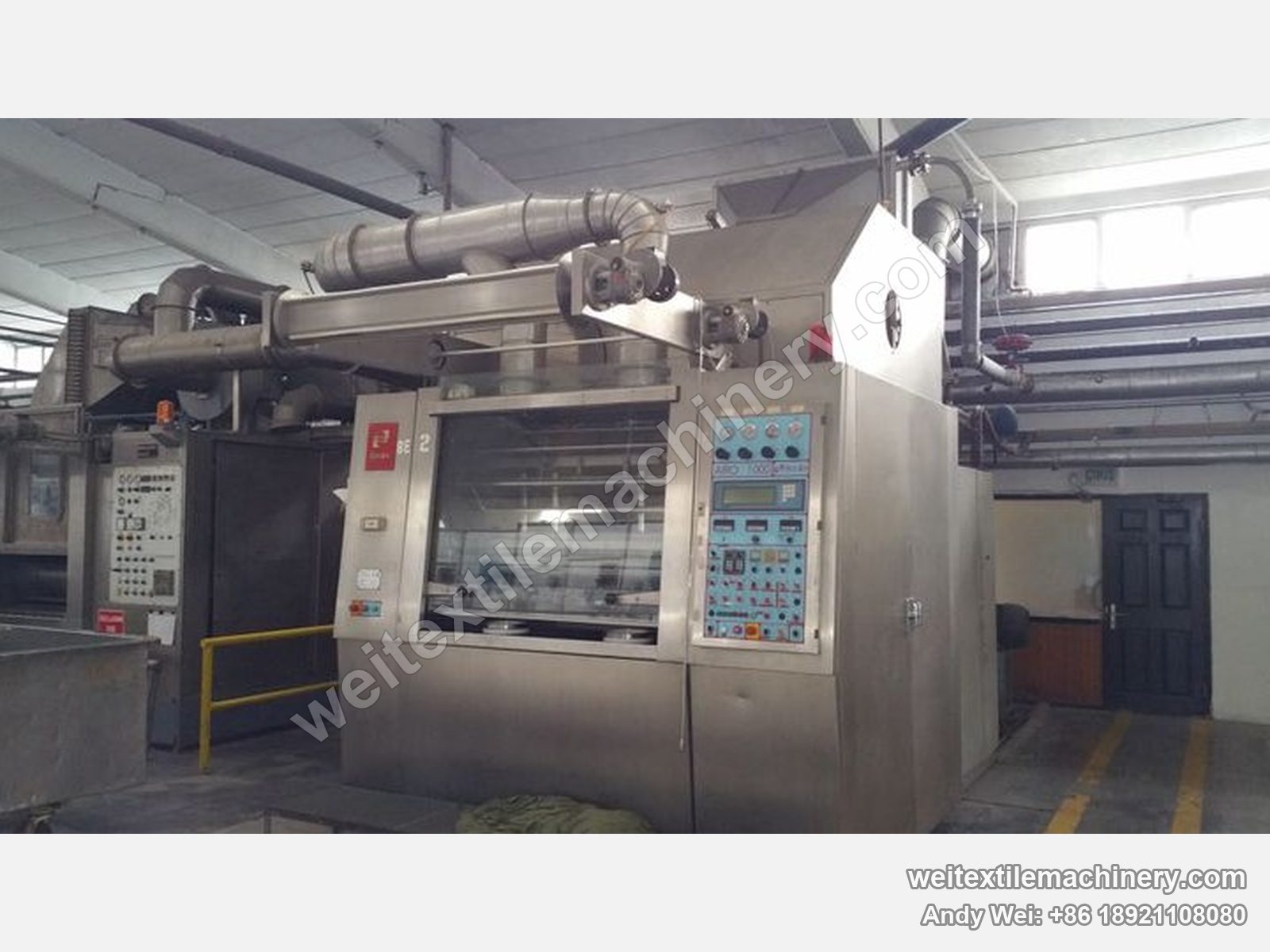 Used Biancalani AIRO 1000 air-flow tumbler finishing machine, another front angle with control panel, window and air ducting
