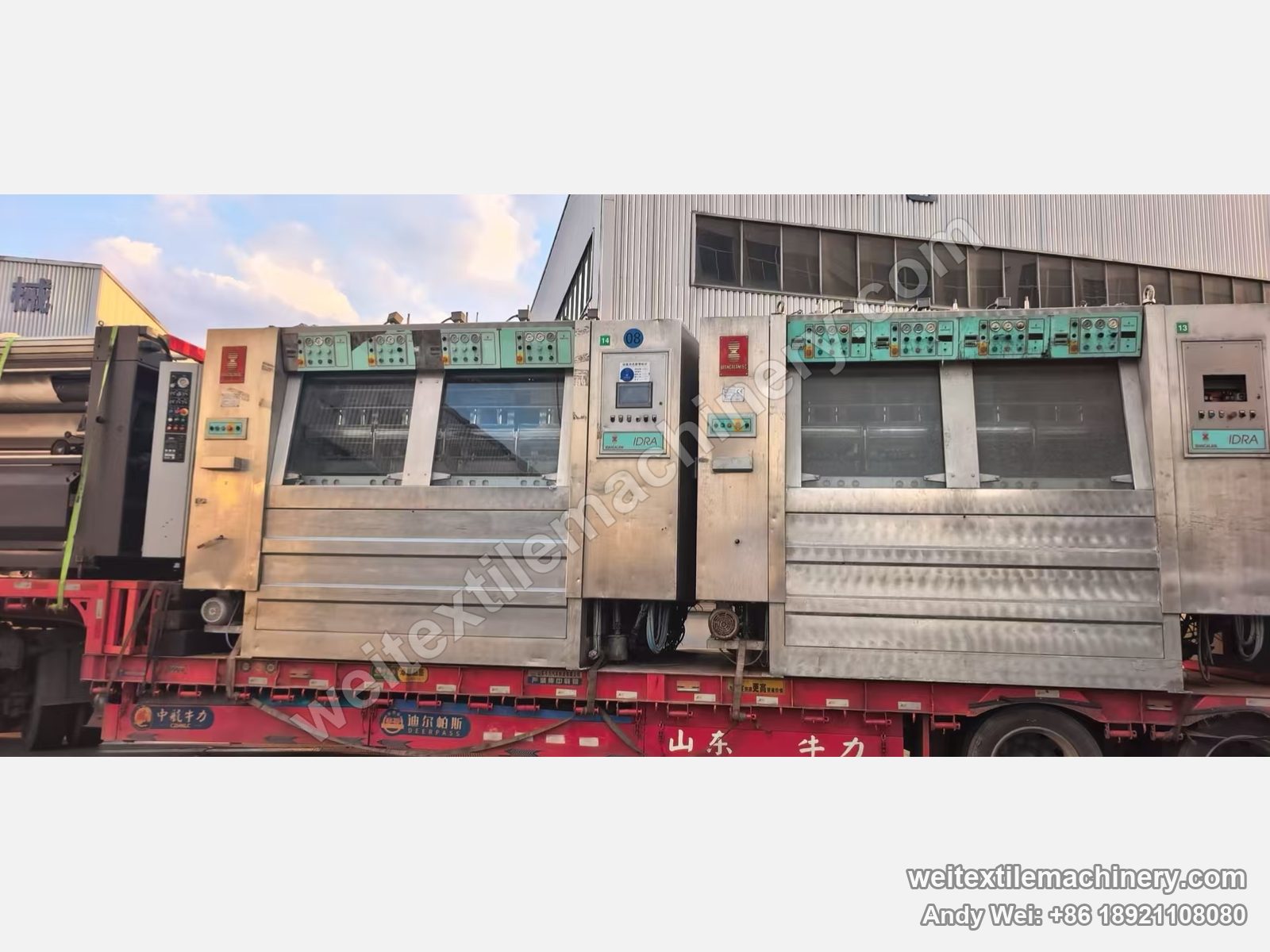 Two used Biancalani IDRA rope scouring and milling machines loaded for transport, IDRA nameplates and per-channel control panels