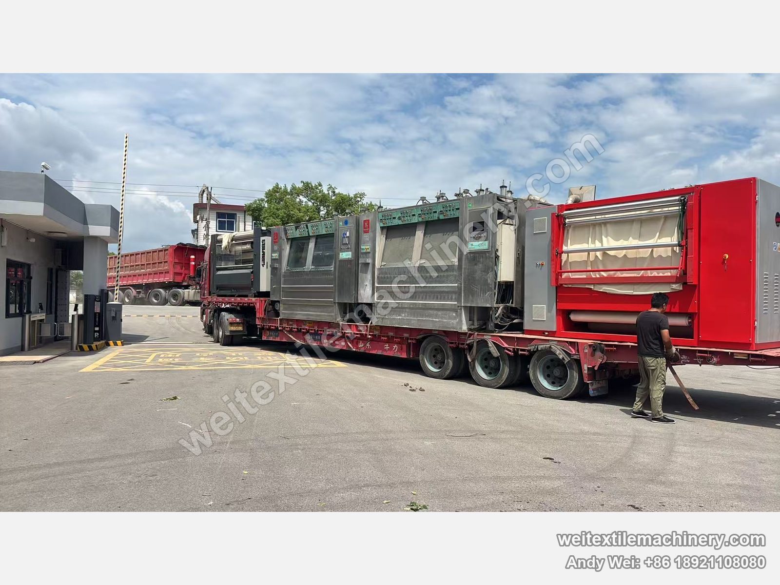 Used Biancalani IDRA rope scouring and milling machines on a low-bed trailer, with a red rebuilt machine on the same load