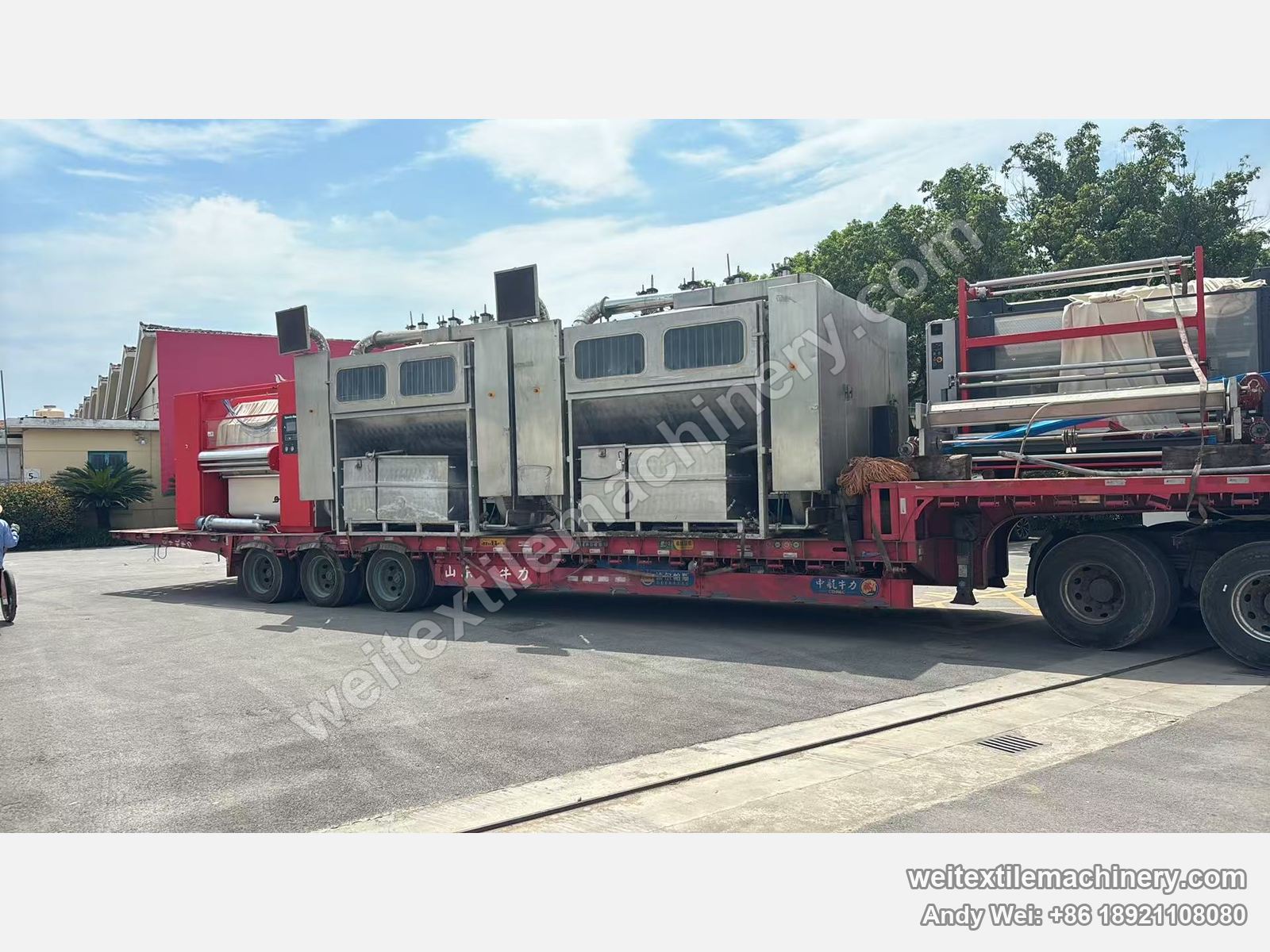 Used Biancalani IDRA rope scouring and milling machines on the trailer from the other side, two bodies with top exhaust ducts