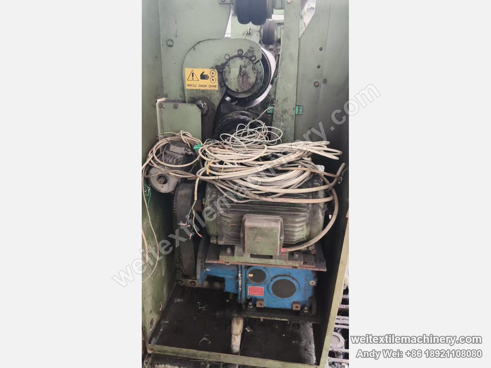 Used Bianco squeezing machine (2.0 m, 3 rolls), drive compartment with motor, gearbox and belt drive