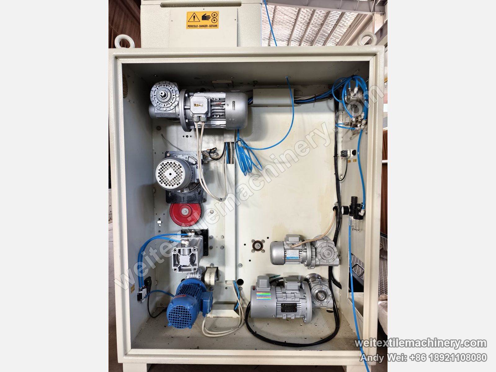 Used Bisio Vapodec continuous decatizing machine, drive compartment with geared motors, pulley and pneumatic cylinder