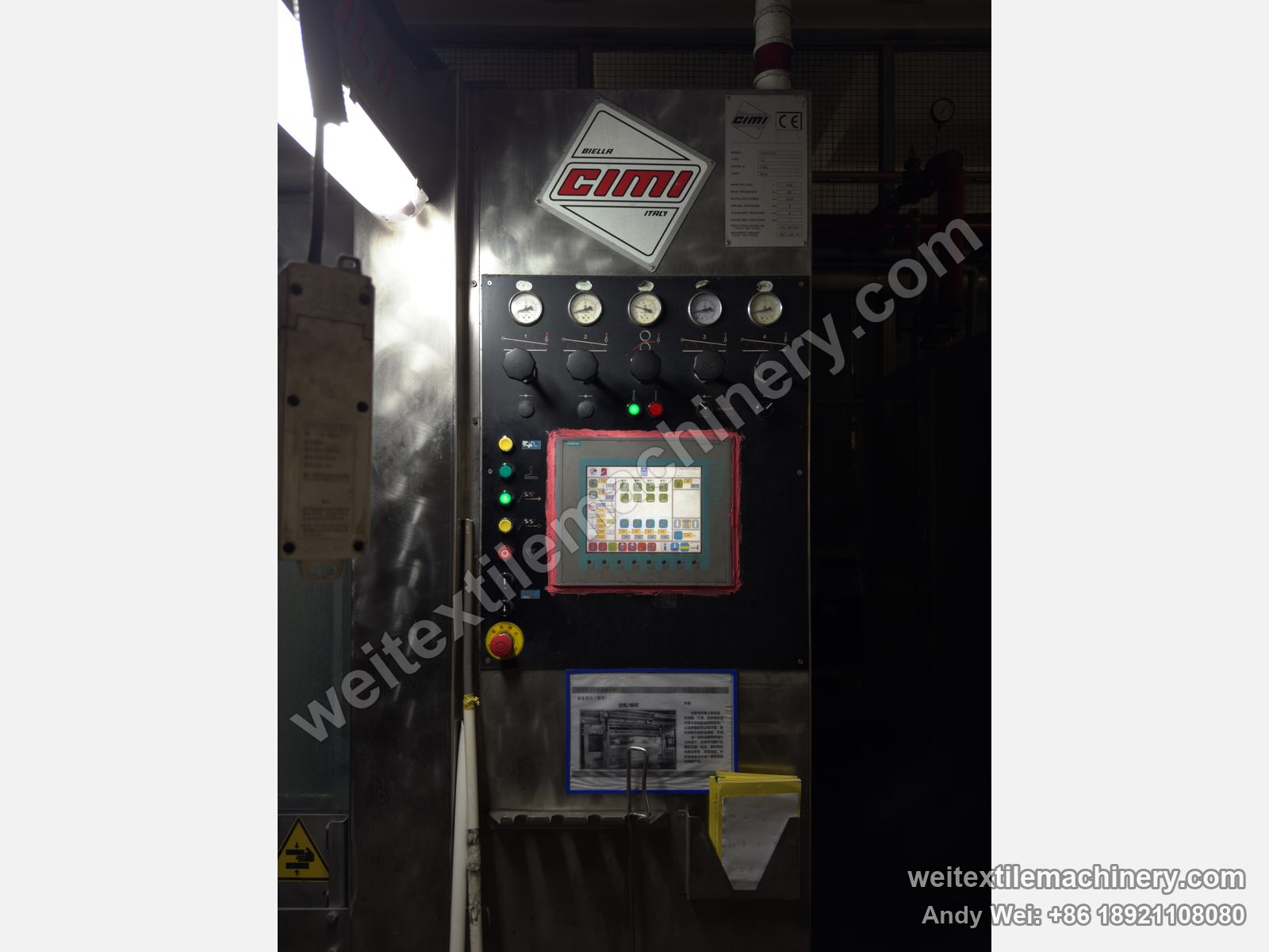 Used CIMI Flexifola 4C rope scouring and milling machine, control column with five gauges, knobs, Siemens touch panel and CE nameplate at top right