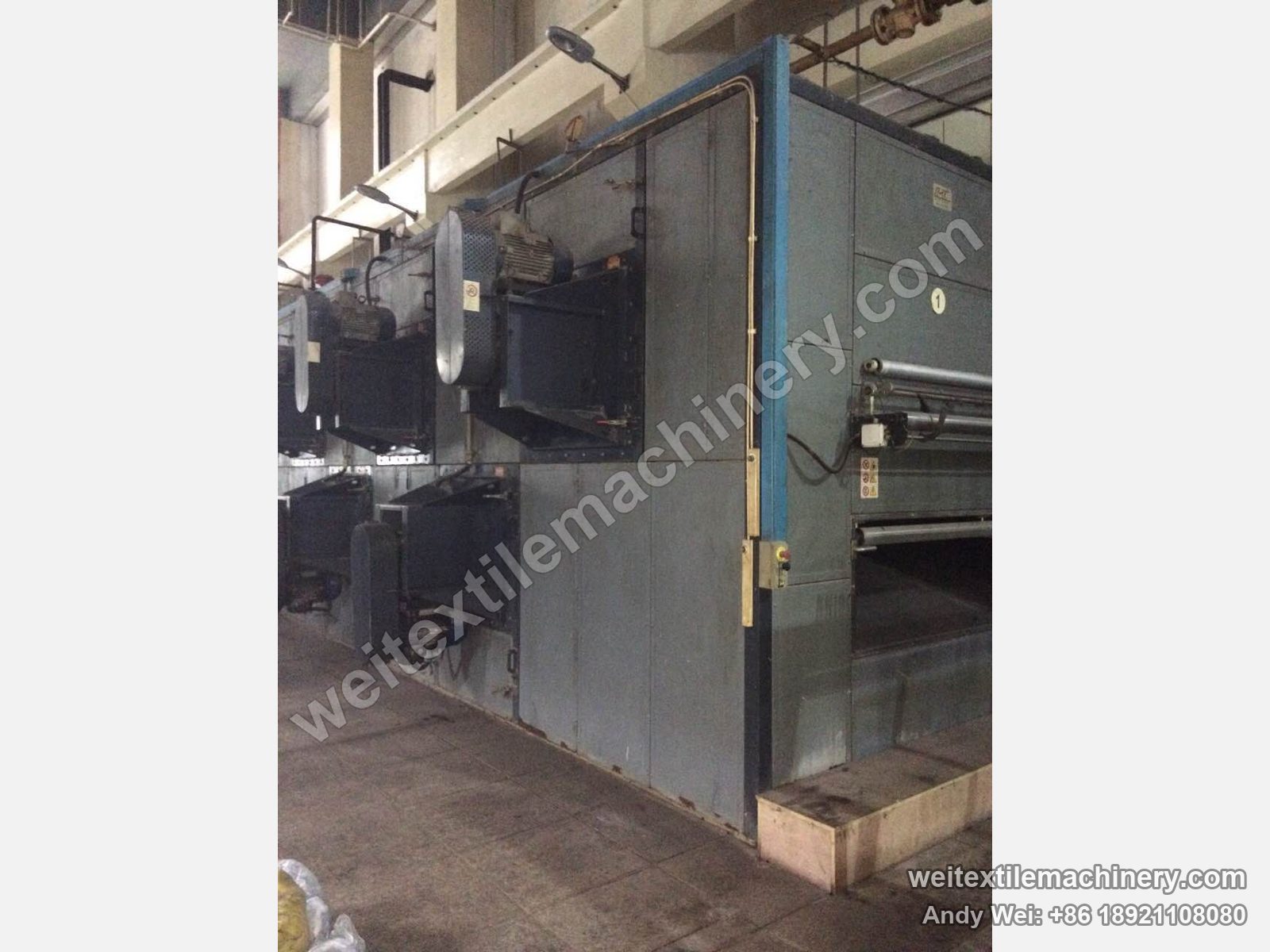 Used CMT LTT wool tops backwashing line, dryer exit end with blue frame, exit guide rolls and side fan motors