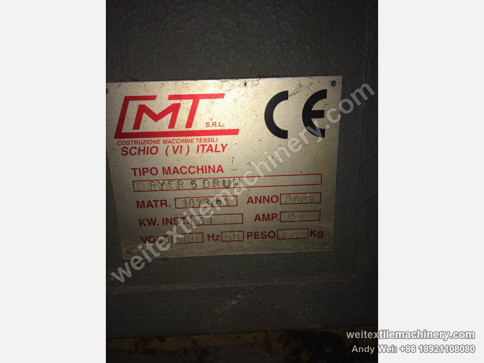 Nameplate of the dryer on the backwashing line this used CMT tops balling creel belongs to: CMT Schio Italy, DRYER 5 DRUM, 2001