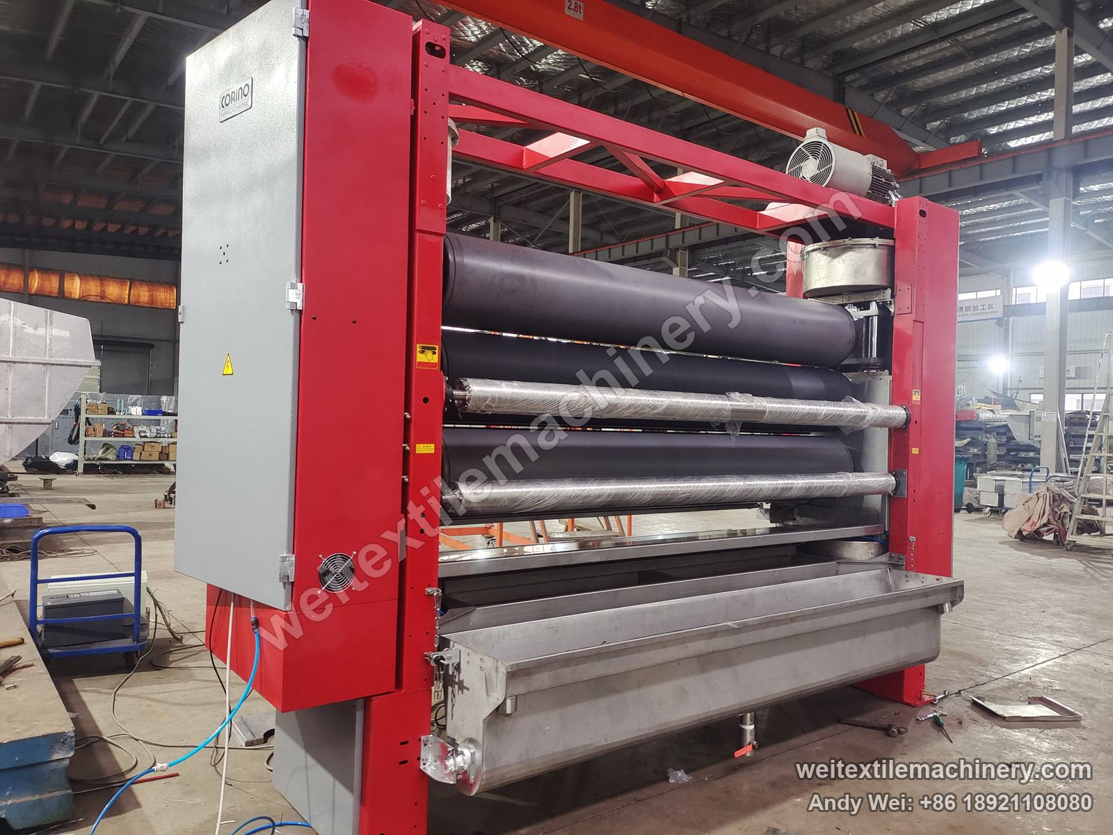 Used Corino Spremitore Foulard F-Due padder after QL rebuild, other side with Corino cabinet, film-wrapped rolls and stainless trough