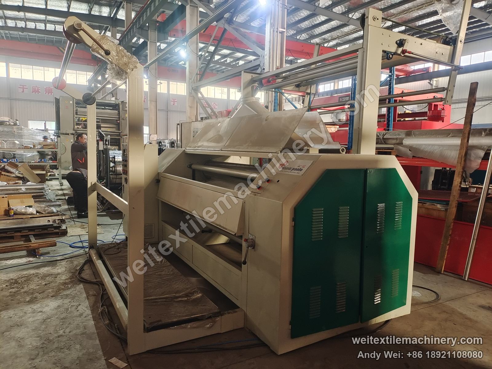 Used Danti Paolo SH8 fabric polishing machine (1.8 m), other side with danti paolo plate, green cabinet doors and feed frame