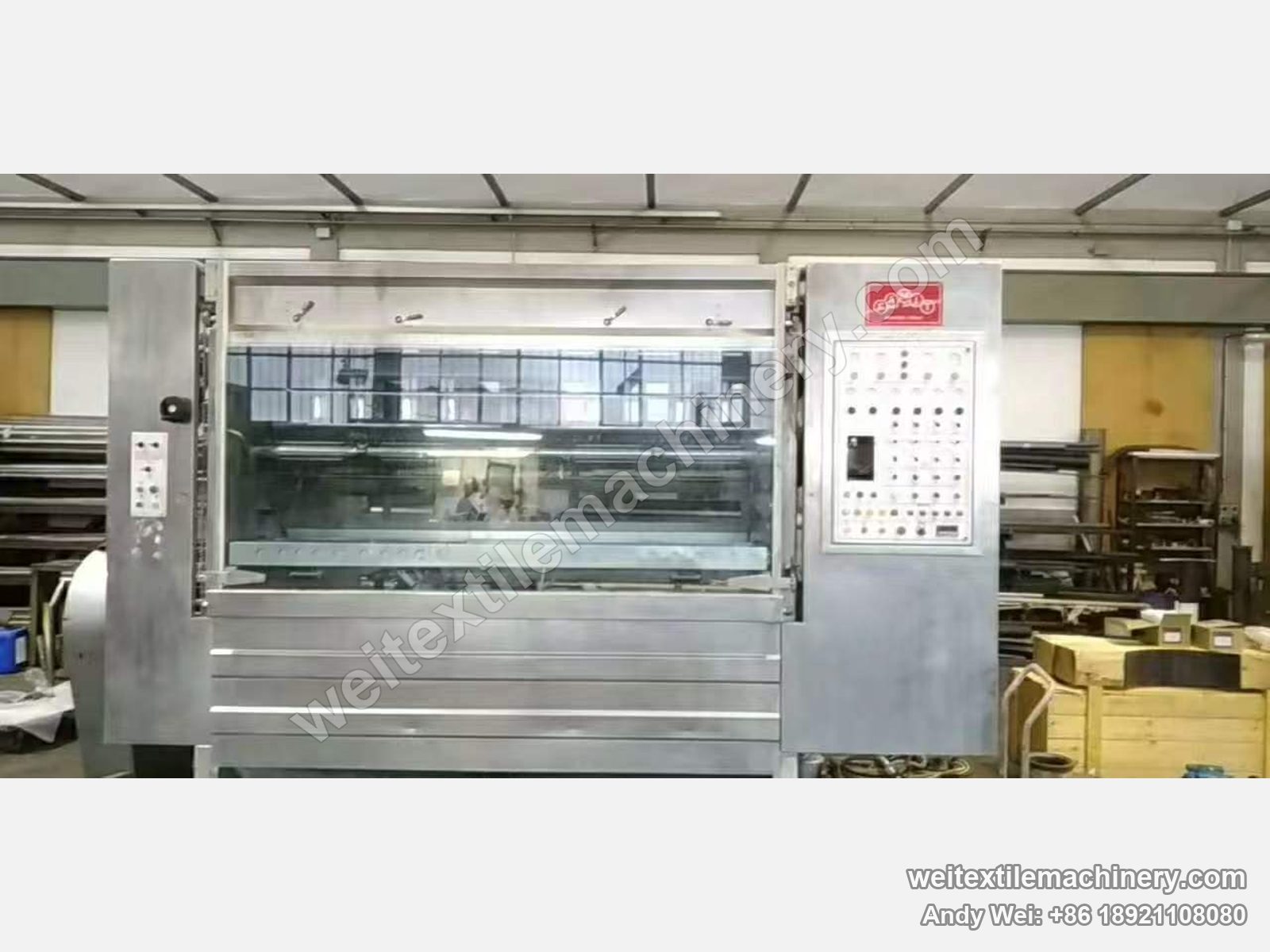 Used Famit F4 SOFT rope scouring and milling machine before rebuild, front view, closed window, Famit plate, original panel