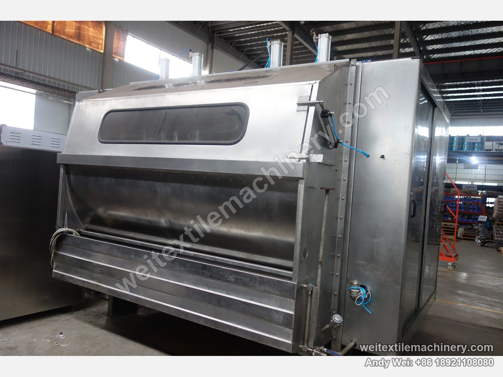 Used Famit F4 SOFT rope scouring and milling machine seen from the other side, stainless housing, pneumatically operated access doors and an end cabinet door