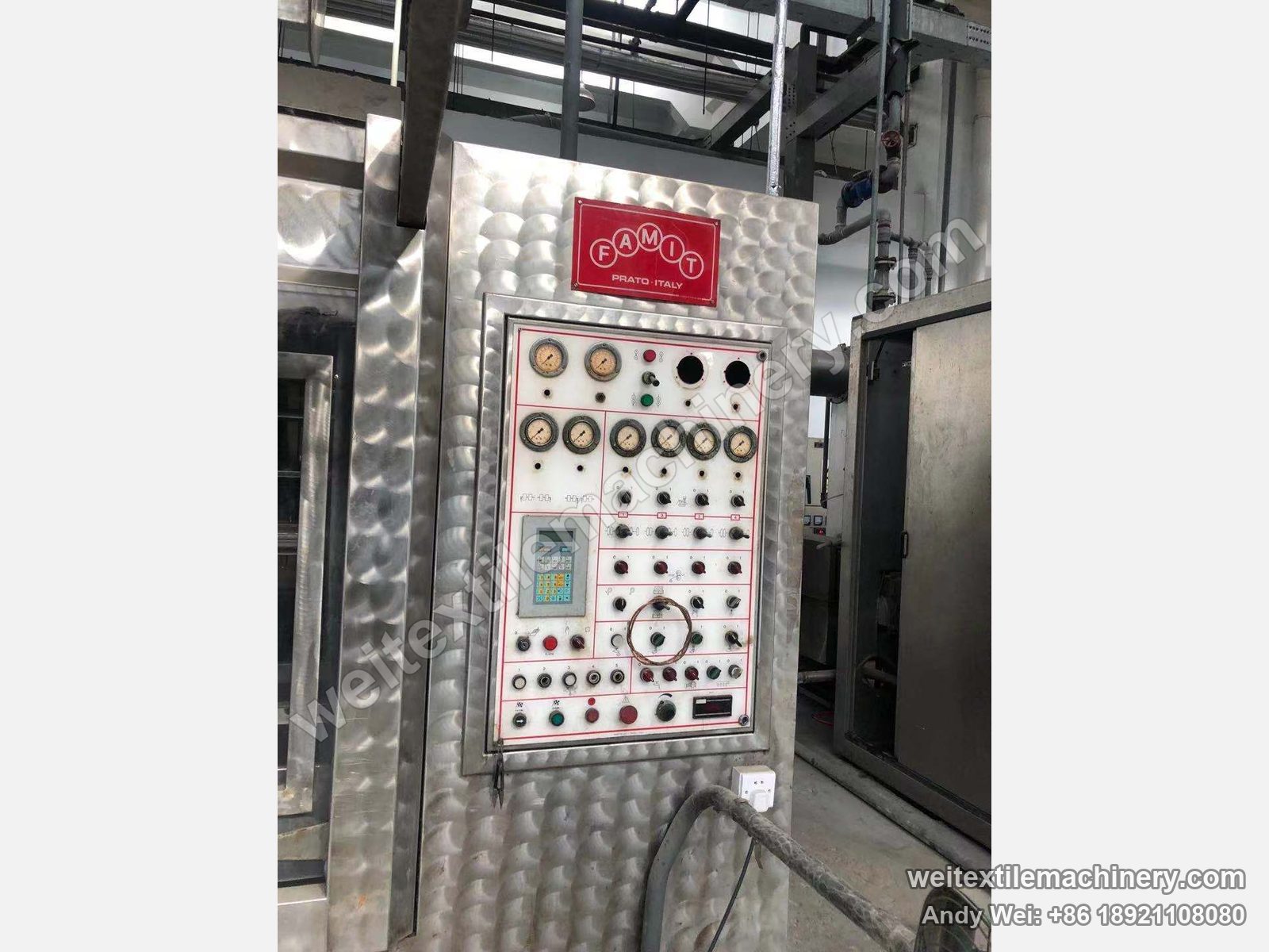 Used Famit F4 SOFT rope scouring and milling machine, Famit Prato Italy plate and original panel with eight gauges and knobs