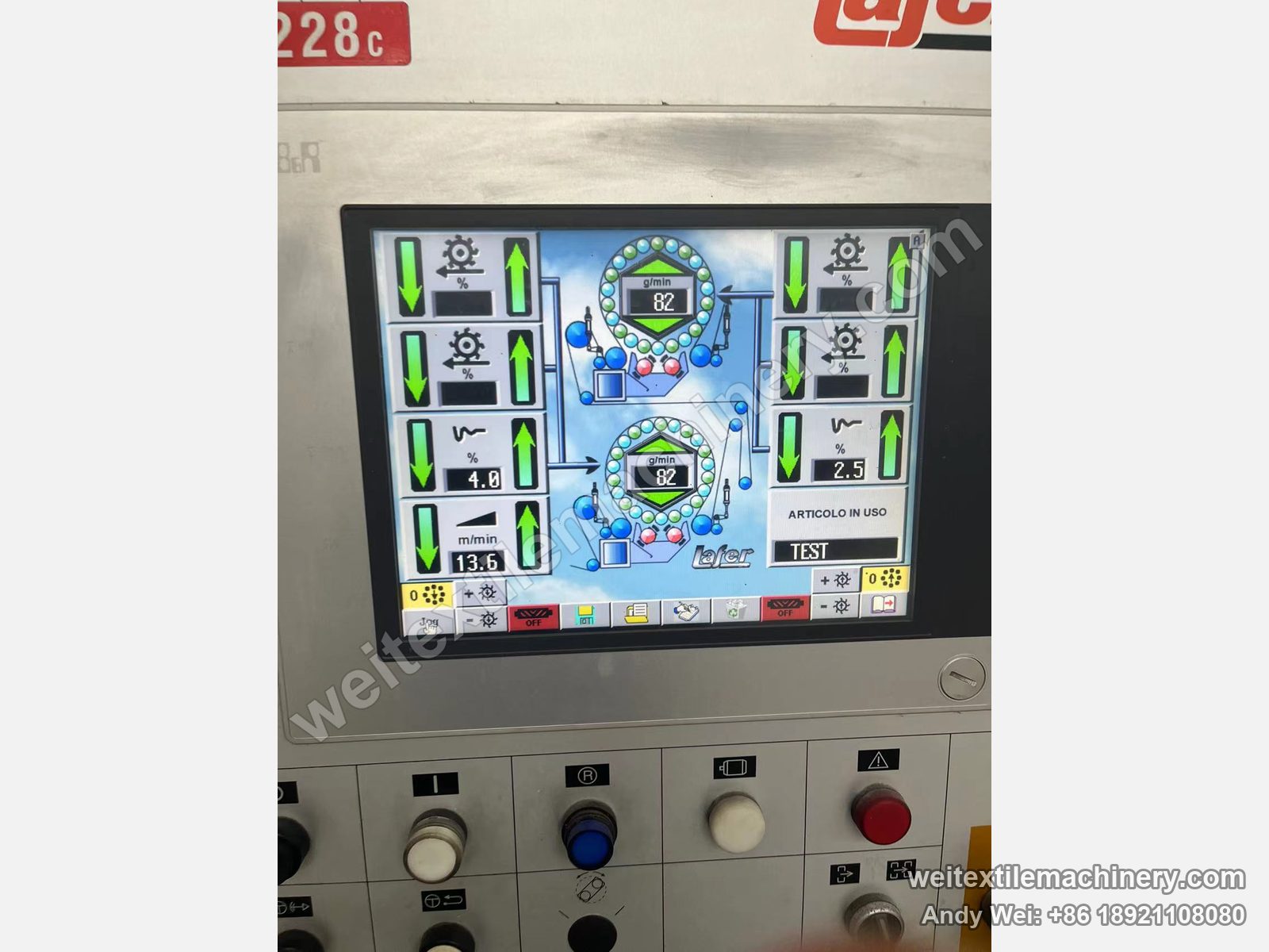 Used Lafer GRI 228 double drum raising machine, touch screen showing the two-drum diagram and parameters