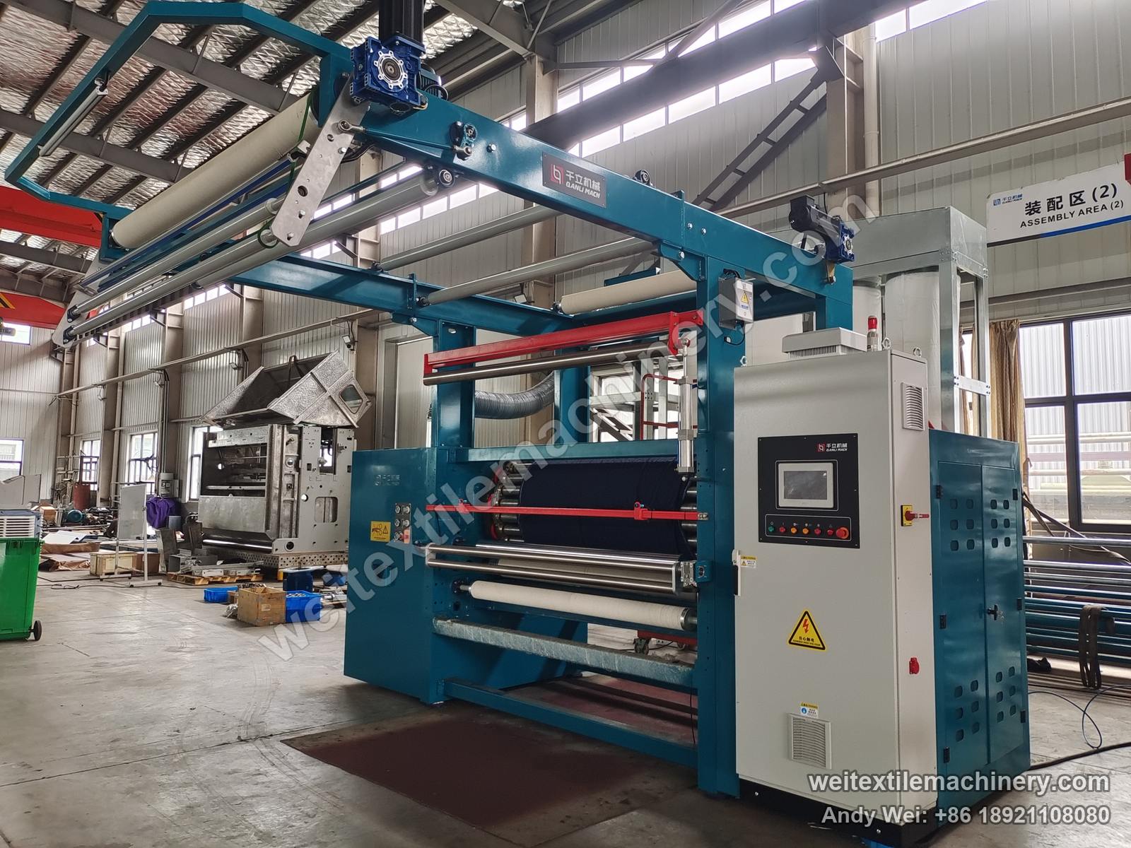 Used Lafer GRI 90 raising machine after QL rebuild, full view with blue body, overhead fabric frame, touch-screen cabinet and raising drum