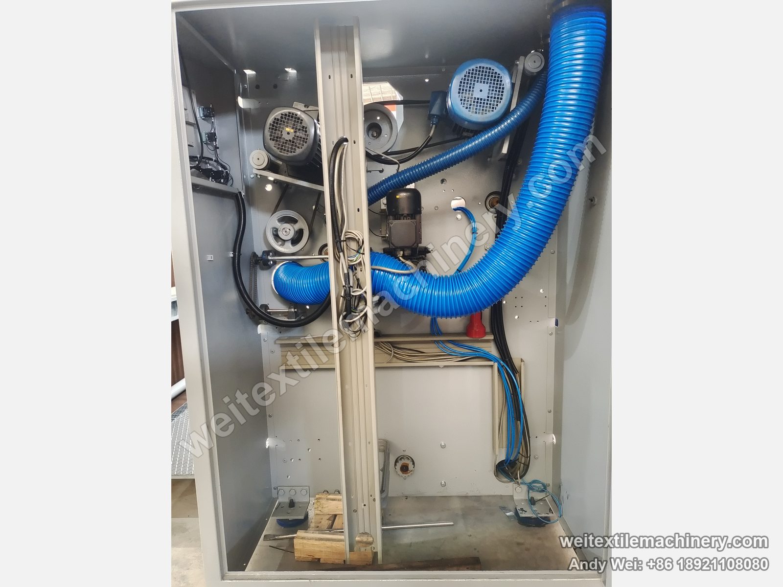 Used M-Tec shearing machine, dust and drive compartment with fan motors and dust hoses