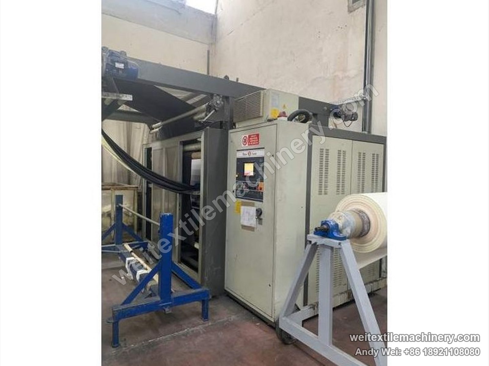 Used Mario Crosta MC 10/36 raising machine, full view with grey body, Mario Crosta panel and delivery frame