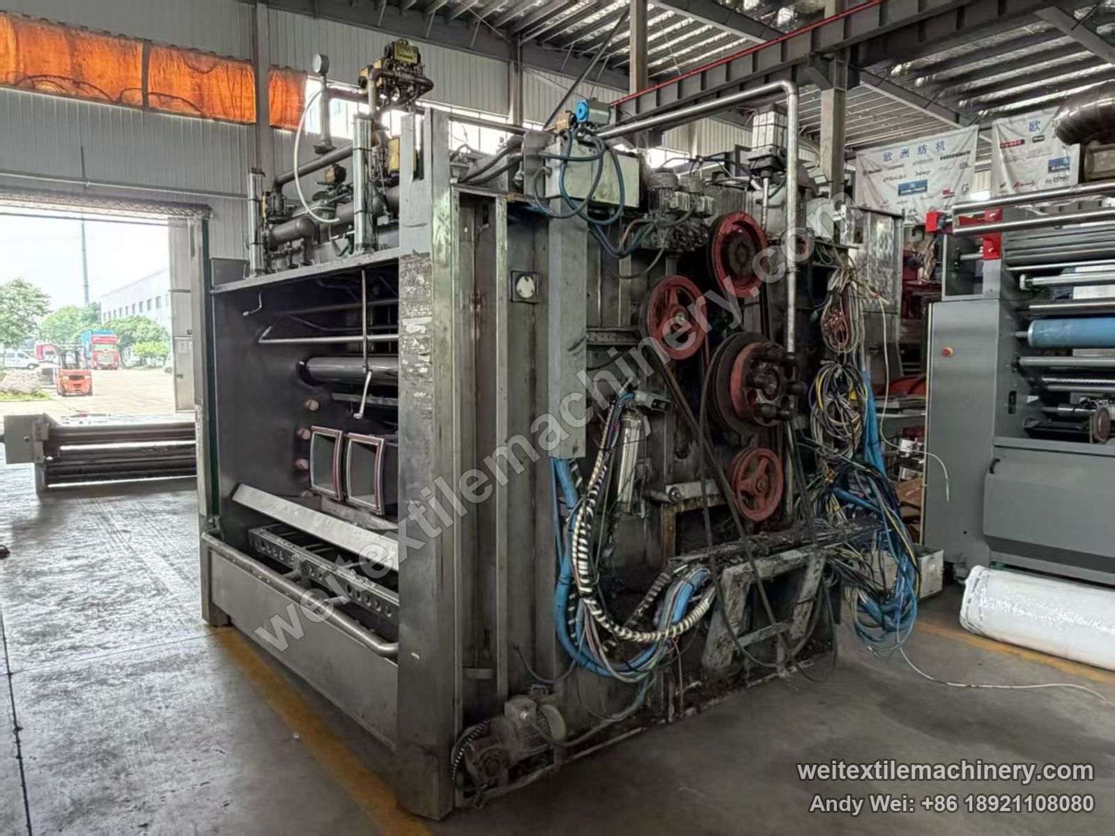 Used MAT Turbomat 4C rope scouring and milling machine, drive side with pulleys, piping and stainless body