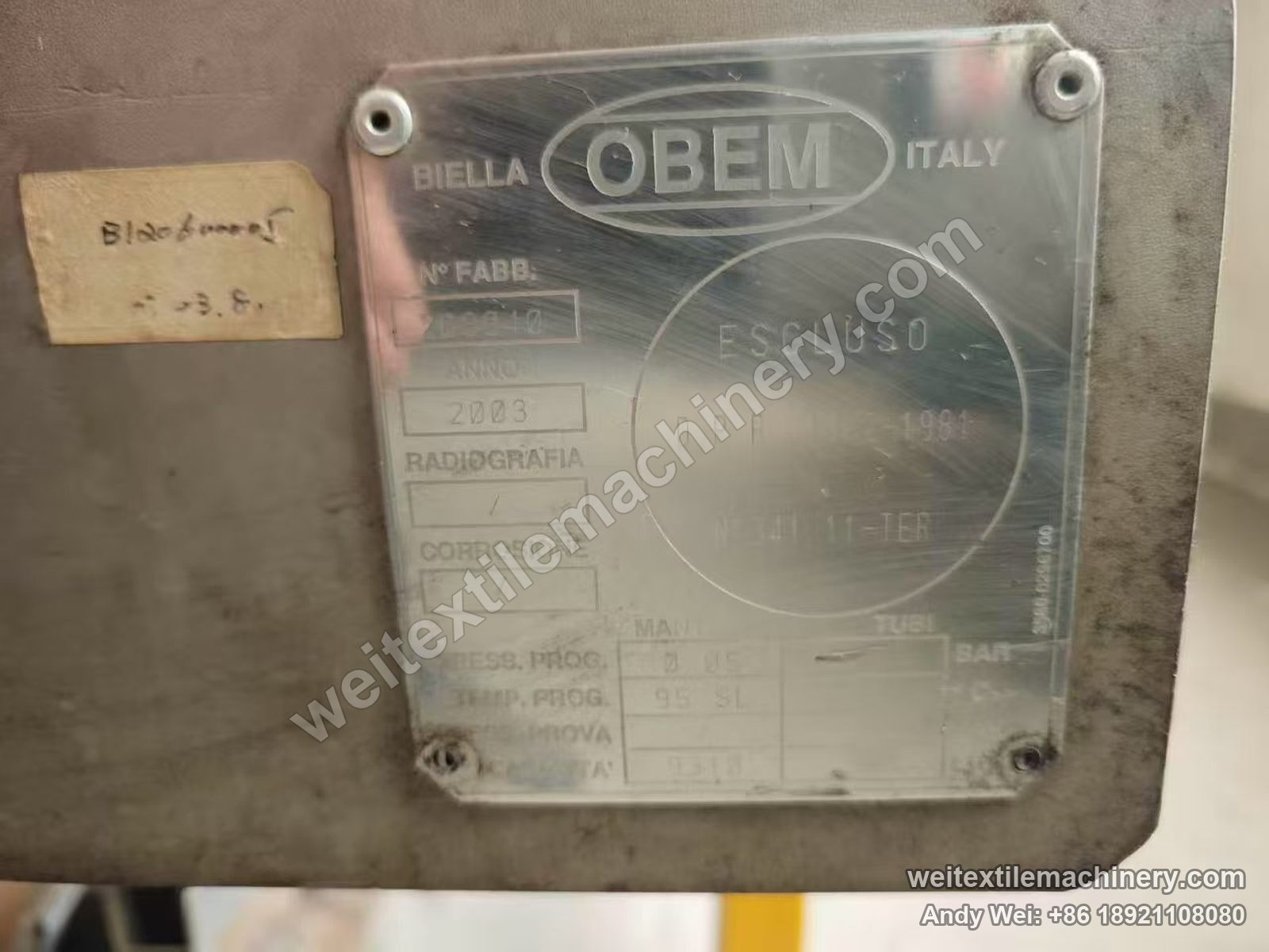 Used Obem VFPV vacuum yarn steaming autoclave, nameplate OBEM Biella Italy, year 2003, design pressure 0.05 bar and design temperature 95 C