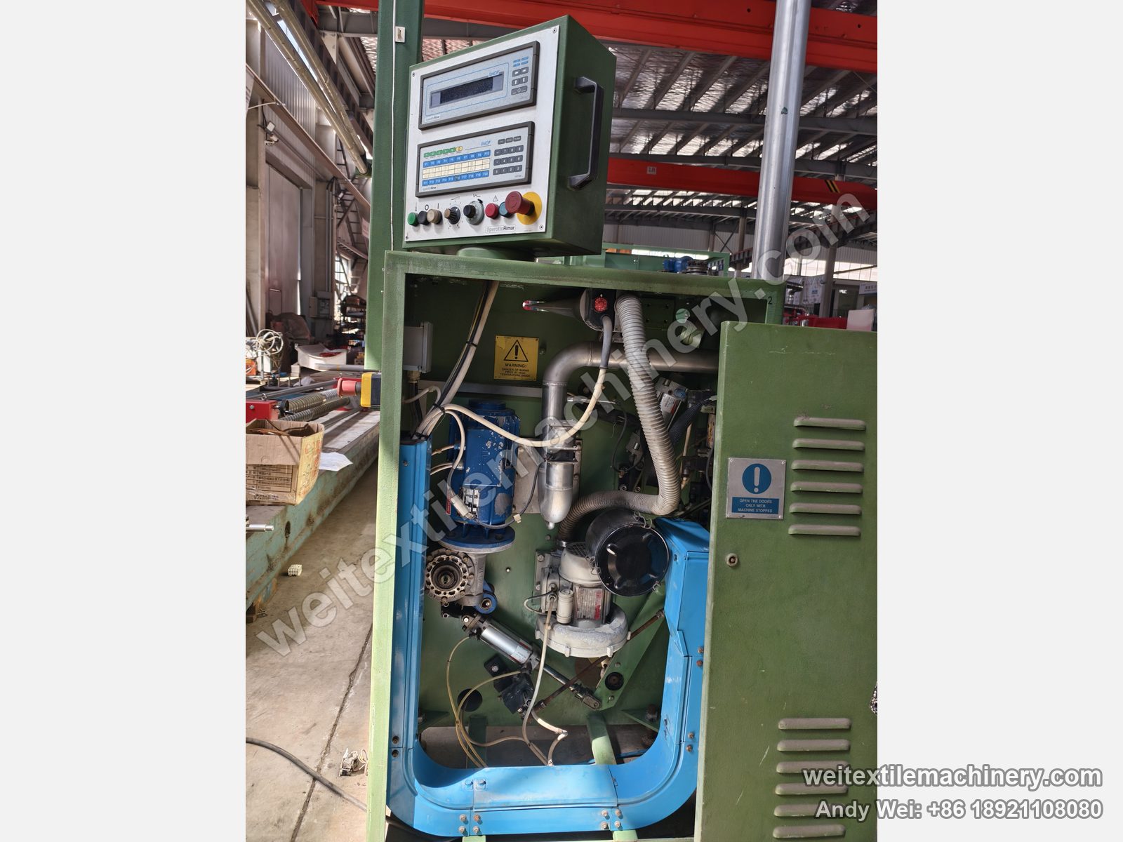 Used Sperotto Rimar belt-type steaming-shrinking machine, UniOP operator panel and opened side cabinet with motor, blower and piping