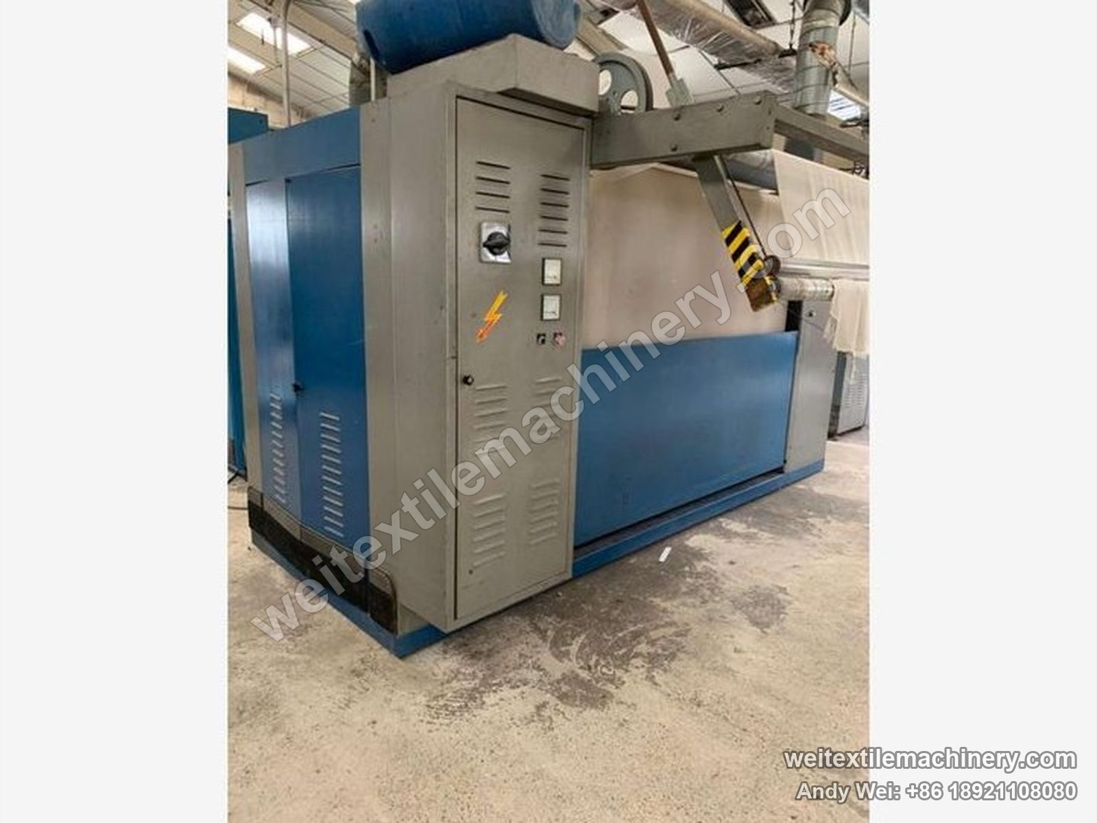 Used Sperotto Rimar MD-M continuous decatizing machine (1.7 m), full view with grey-blue body, electrical cabinet door, top exhaust duct and fabric entry rolls