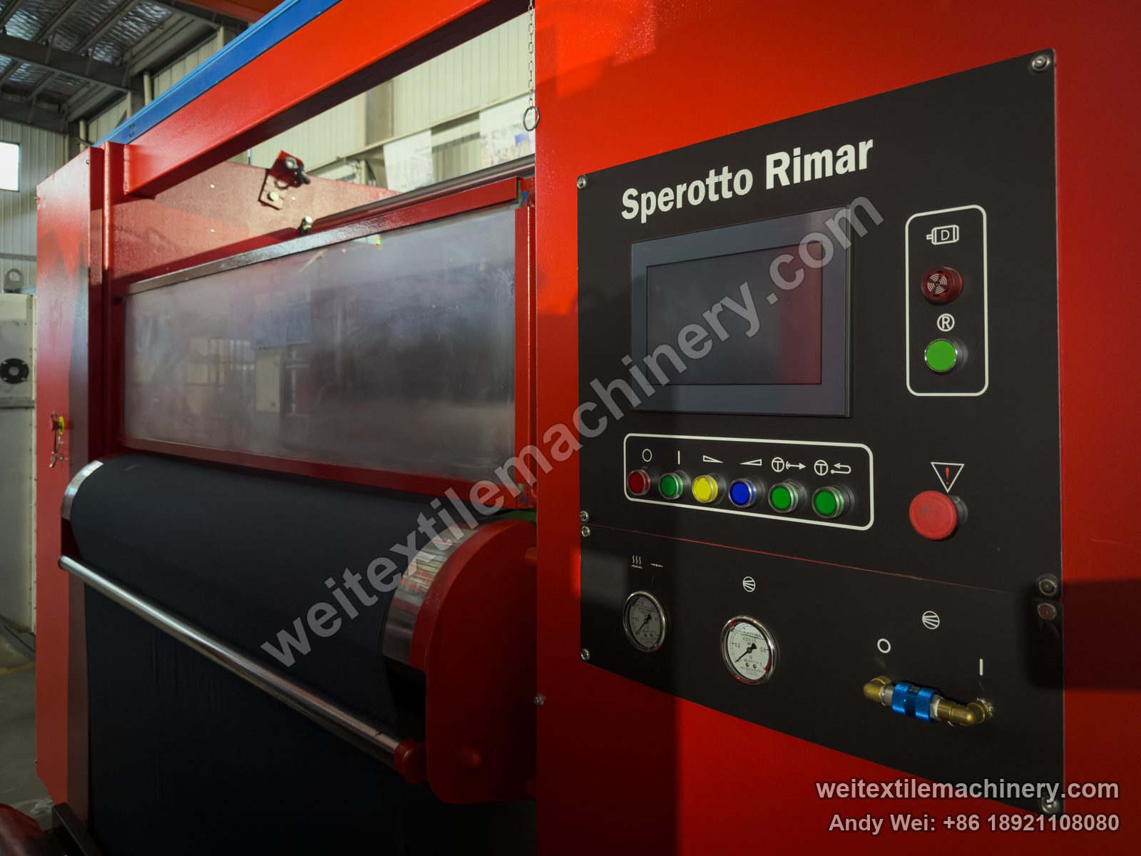 Used Sperotto Rimar Multidecat 2.0 continuous decatizing machine, control panel close-up with touch screen, push buttons, two gauges and inspection window