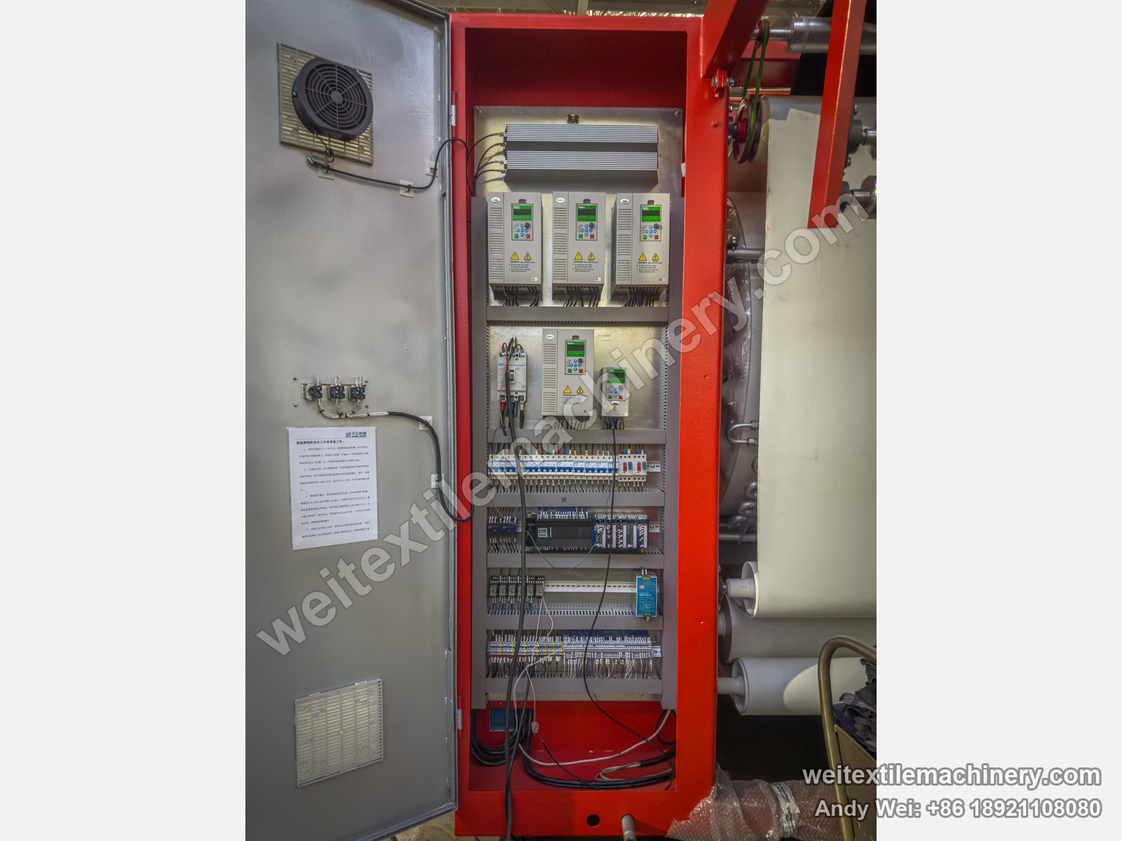 Used Sperotto Rimar Multidecat 2.0 continuous decatizing machine, electrical cabinet with inverters, PLC and QL Machinery operating-notes sticker