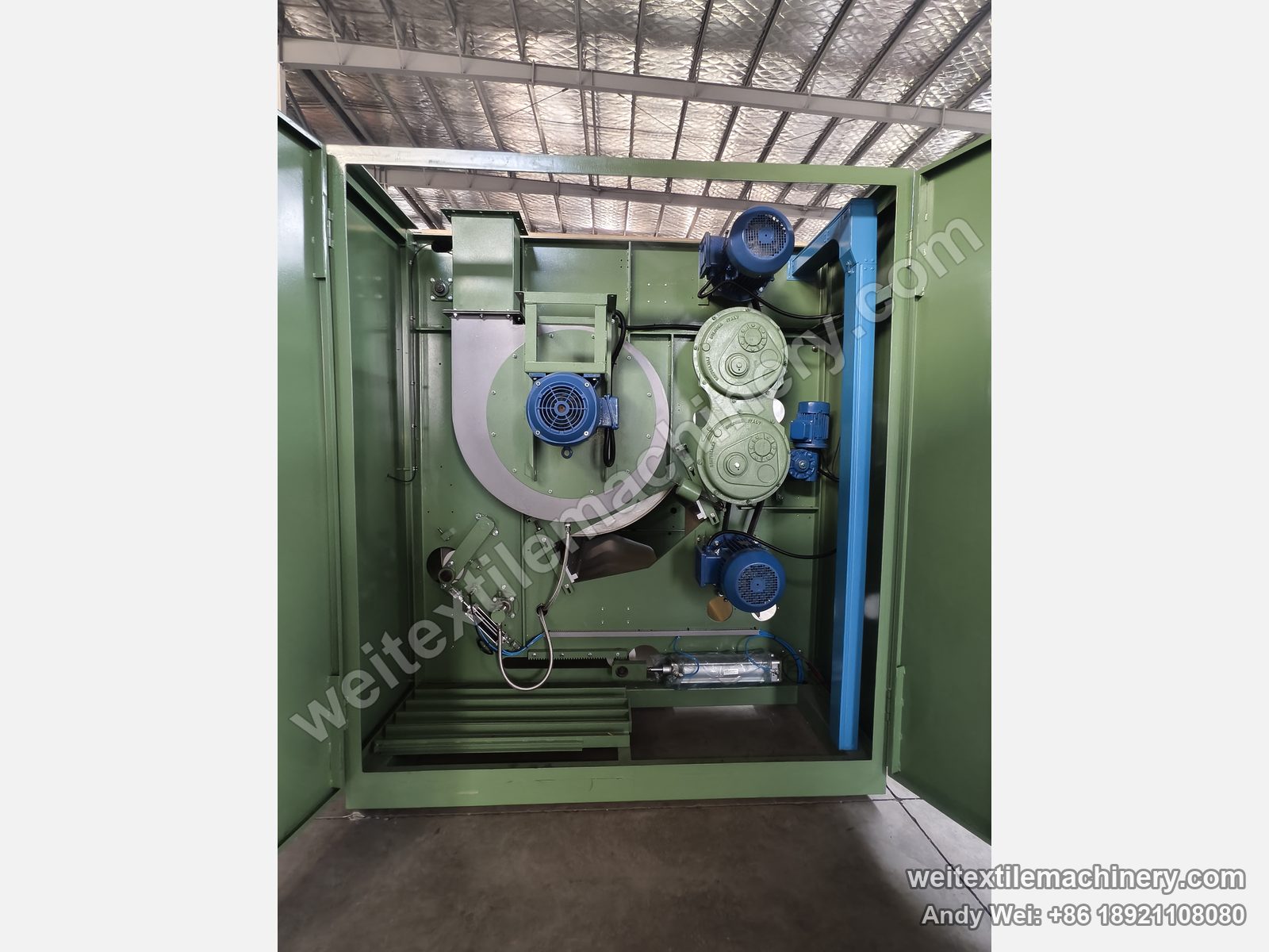 Used Sperotto Rimar Multidecat 2.0 continuous decatizing machine, green-body drive compartment with blower, four motors, two gearboxes and pneumatic cylinder