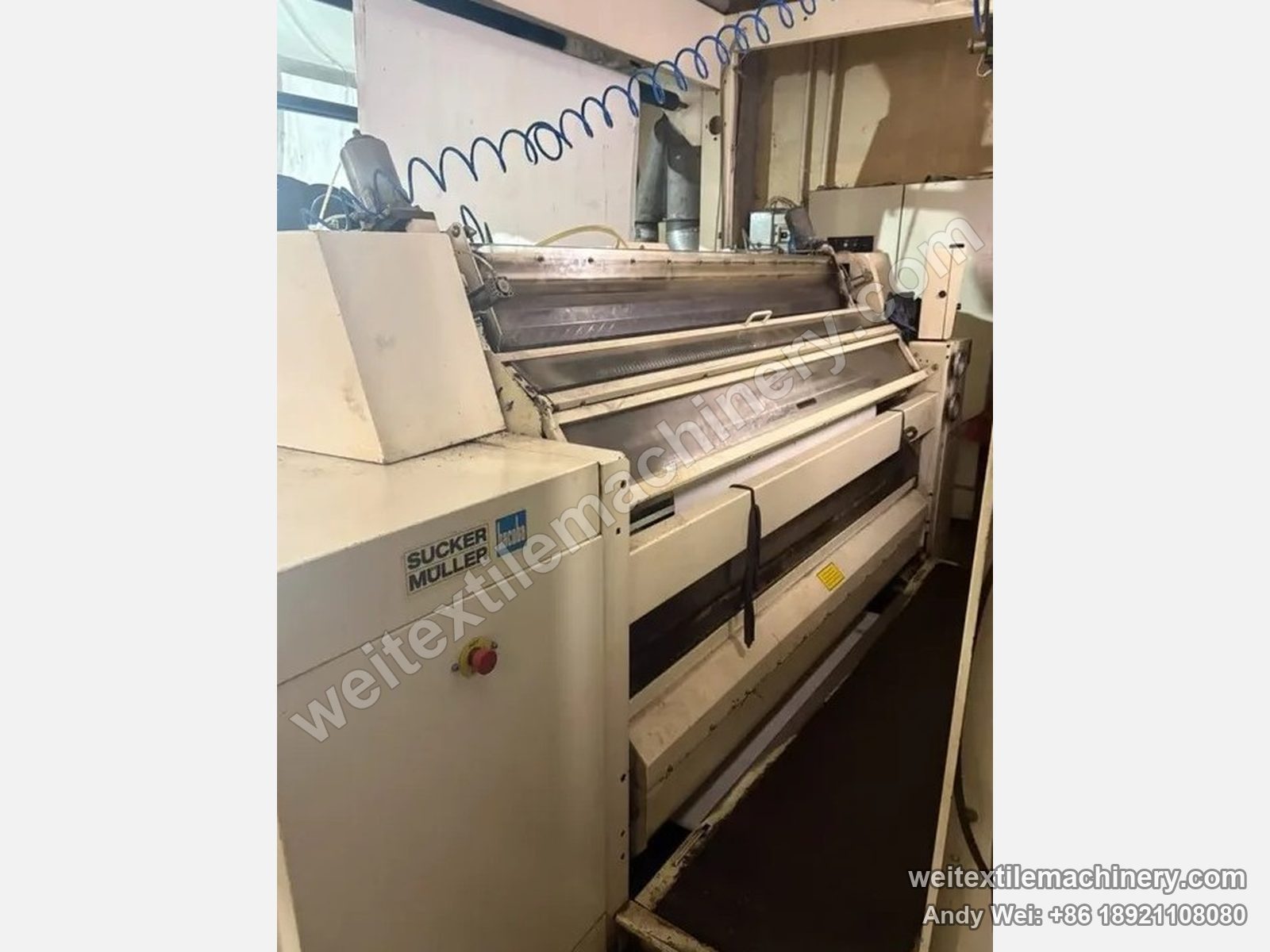 Used Sucker Müller FC-1 shearing machine (2.4 m), side view with SUCKER MÜLLER hacoba plate, emergency stop, shearing unit and suction hose