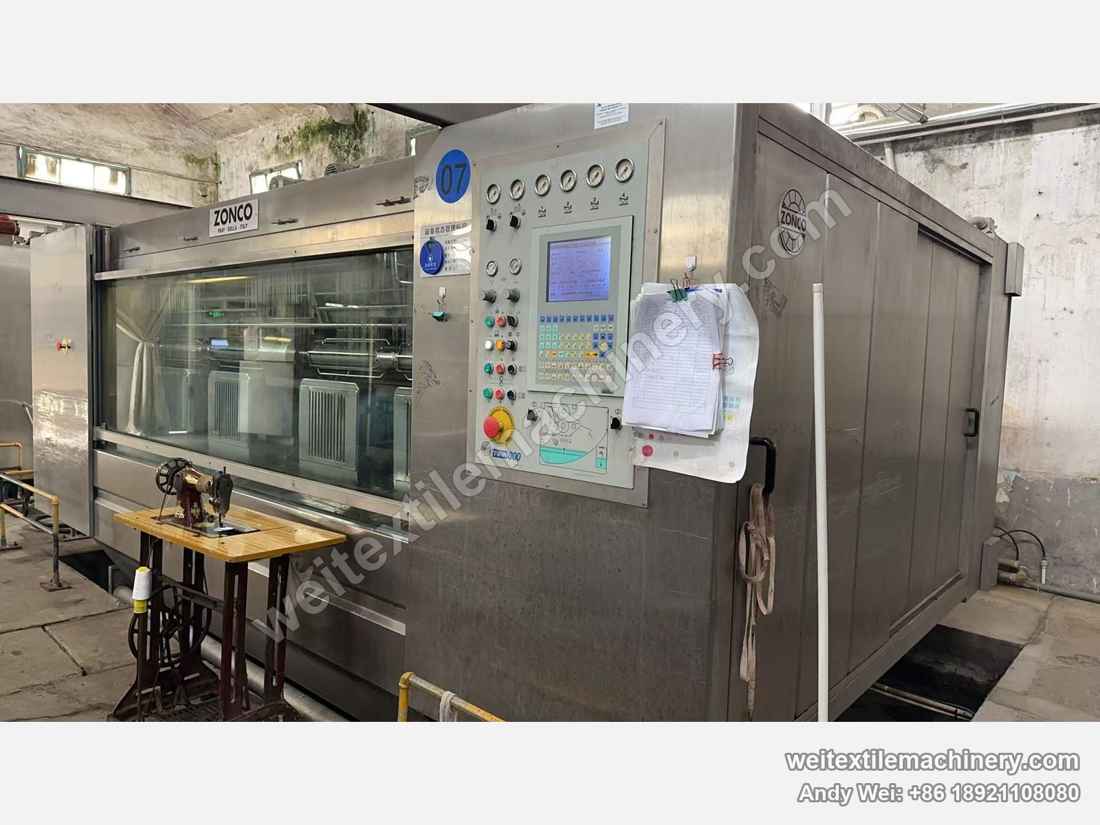 Used Zonco Twin 800 rope scouring and milling machine, full view with stainless body, ZONCO plate, glass window, six-gauge panel and TWIN 800 marking