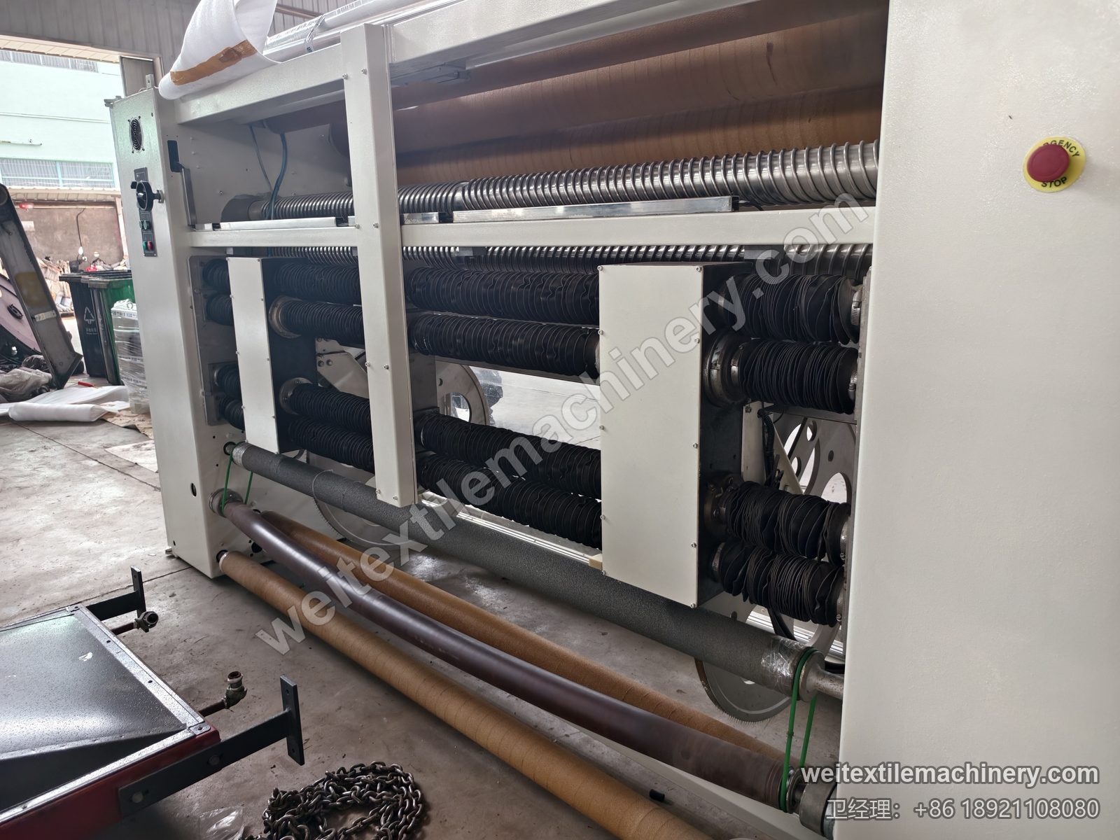 二手 Bianco Tramatex SP04 针轮式整纬机背面纠偏辊组，防尘波纹套与包膜辊筒