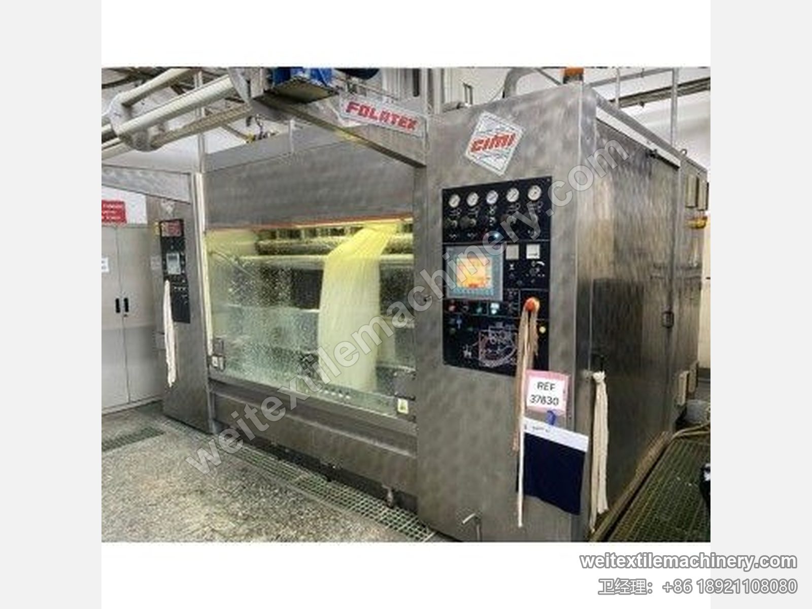 二手 CIMI Folatex 4C 绳状洗缩联合机运行中，观察窗内绳状织物运行，操作面板与 CIMI 标牌