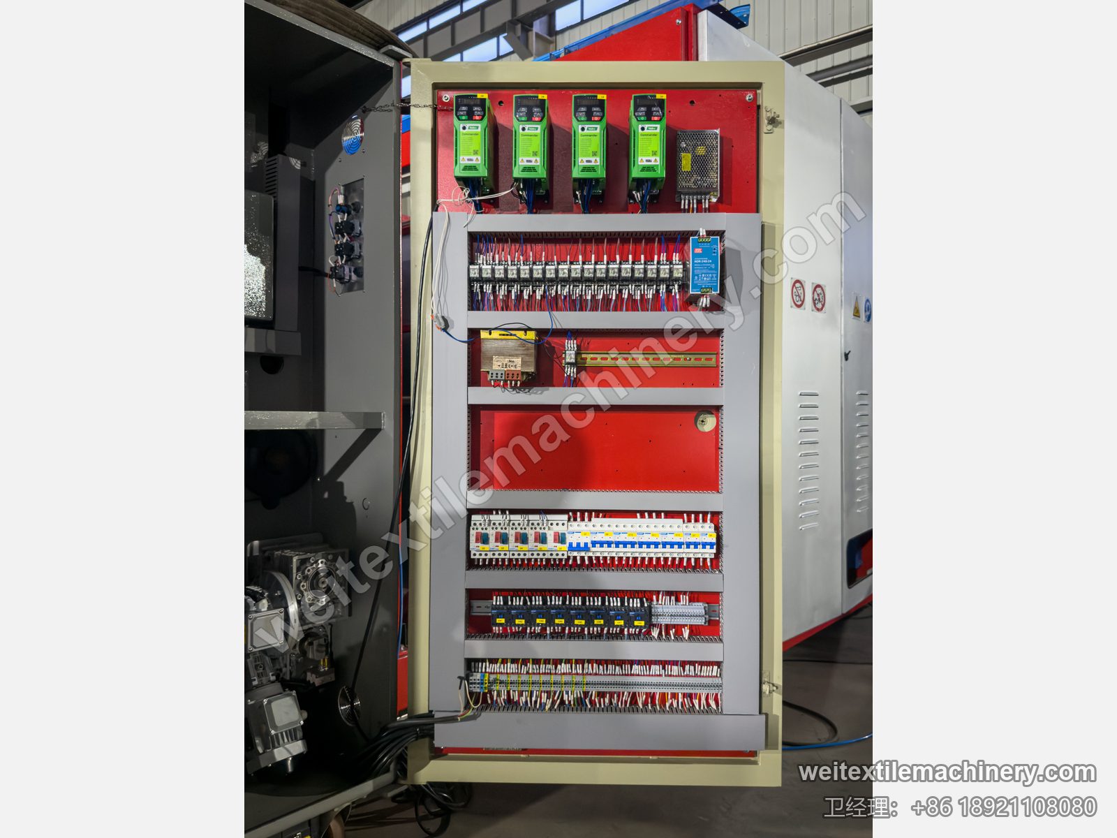 二手 Corino Normatex Super-N 针轮式整纬机翻新后电控柜，四台变频器与新配元件