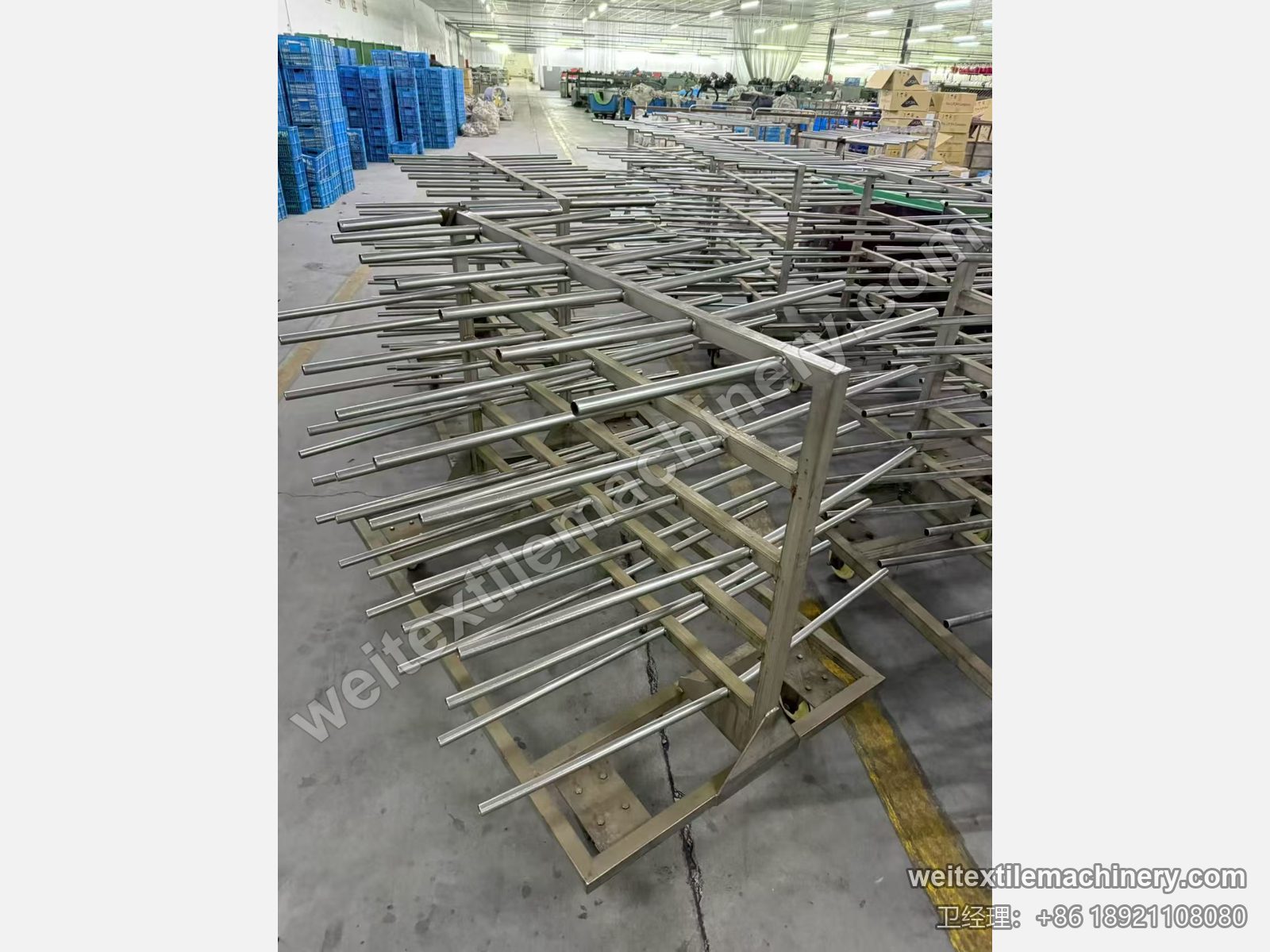二手 Obem VFPV 蒸纱机配套空蒸纱车，不锈钢锭杆架，车间里多台并排