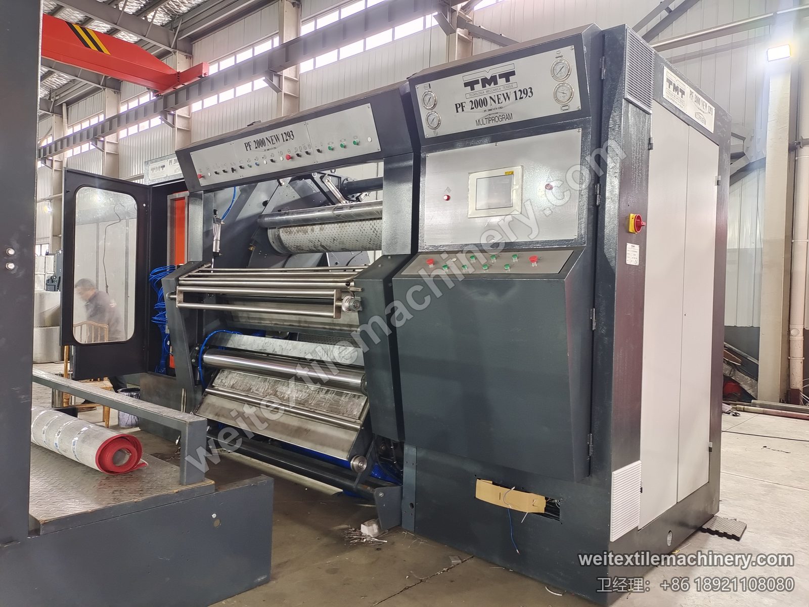二手 TMT PF 2000 NEW 1293 罐蒸机整机，深灰机身、TMT Multiprogram 面板、打开的舱门与多孔滚筒