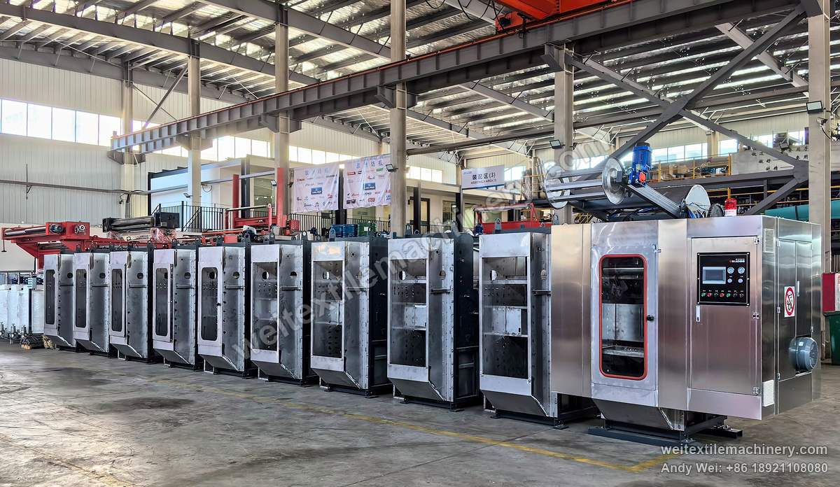 QL WPF-1S Wool Milling Machine, full view, drum and motor on top, more units lined up behind