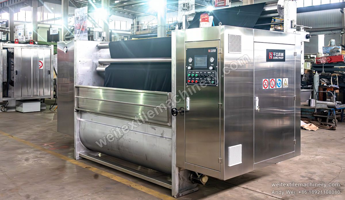 QL WPF-JXPX Discontinuous Open Width Washing Machine, full view, curved trough, dark fabric over the rollers