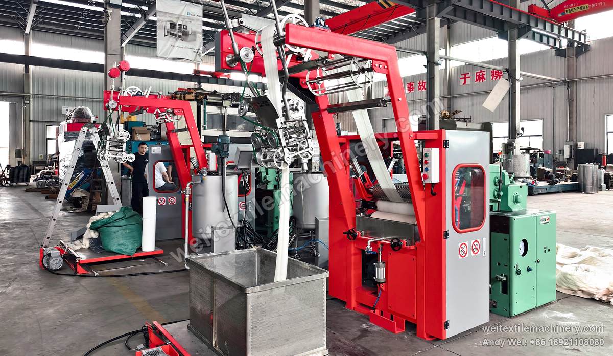 QL WPF-MTYH Wool Tops Vigoureux Printing Machine, full view, wool tops led over the gantry into the box in front