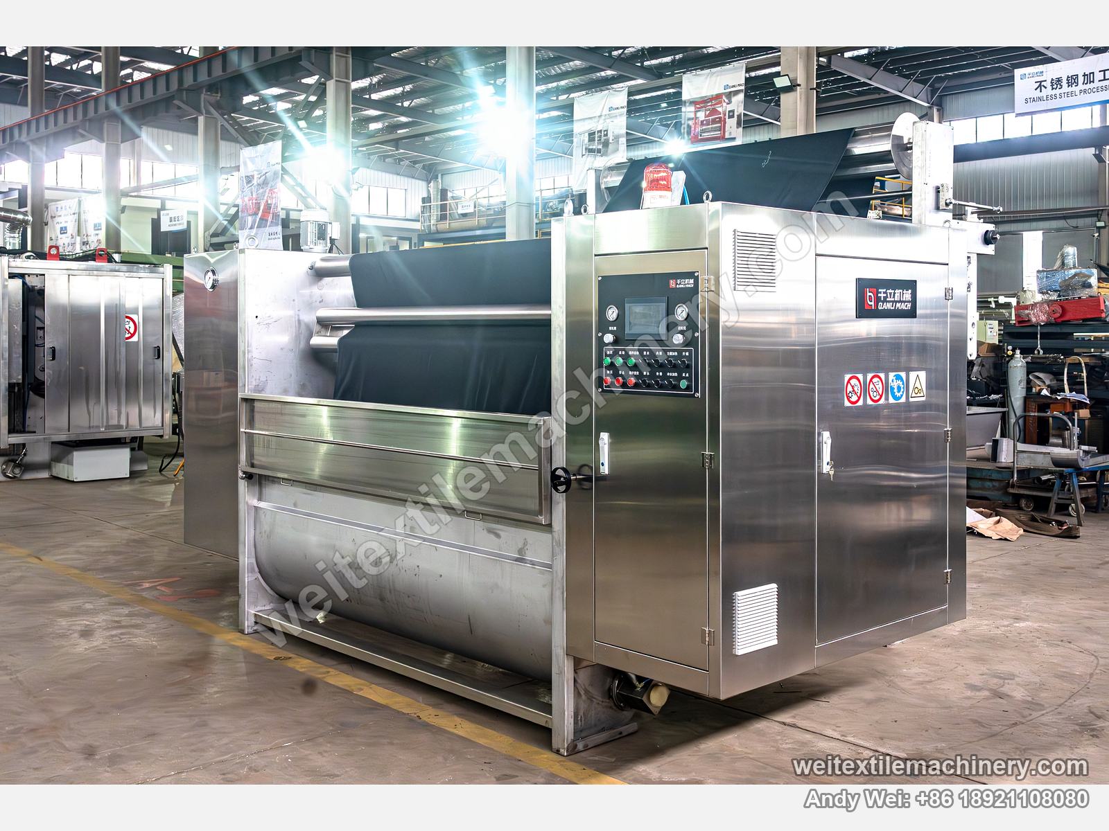 QL WPF-JXPX Discontinuous Open Width Washing Machine, full view, curved trough, dark fabric over the rollers