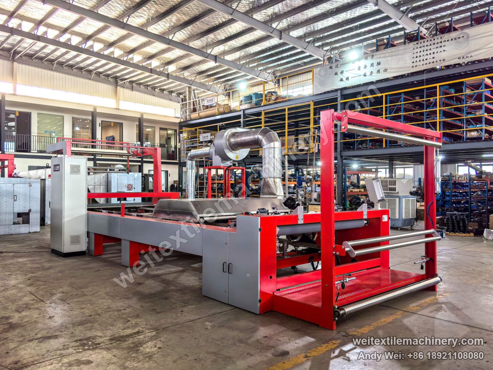 QL WPF-LTYS Pin-Chain Steaming-Shrinking Machine, full view, guide rollers at the end, hood and ducts in the middle
