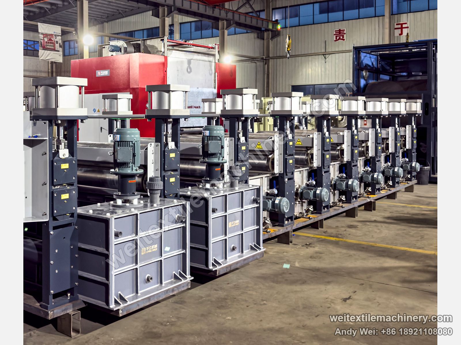 QL WPF-MTFSSG Wool Tops Shrinkproofing Line, full view of the washing section, squeeze rollers in a row