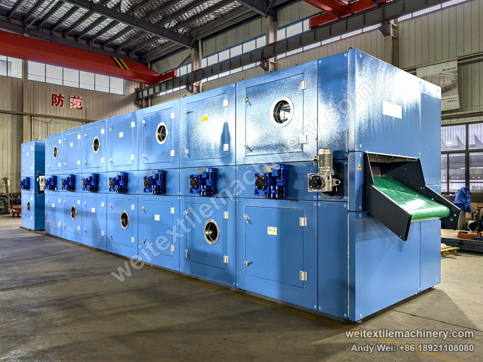 QL WPF-MTFSSG Wool Tops Shrinkproofing Line, full view of the drying section, access doors and viewing windows