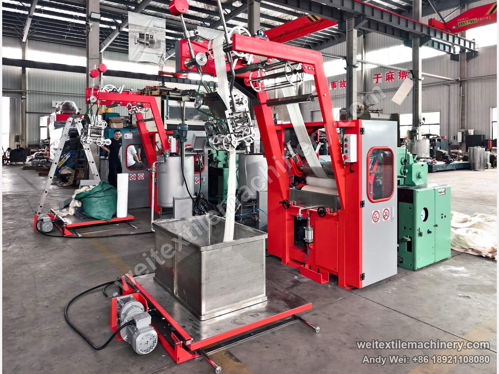 QL WPF-MTYH Wool Tops Vigoureux Printing Machine, full view, wool tops led over the gantry into the box in front