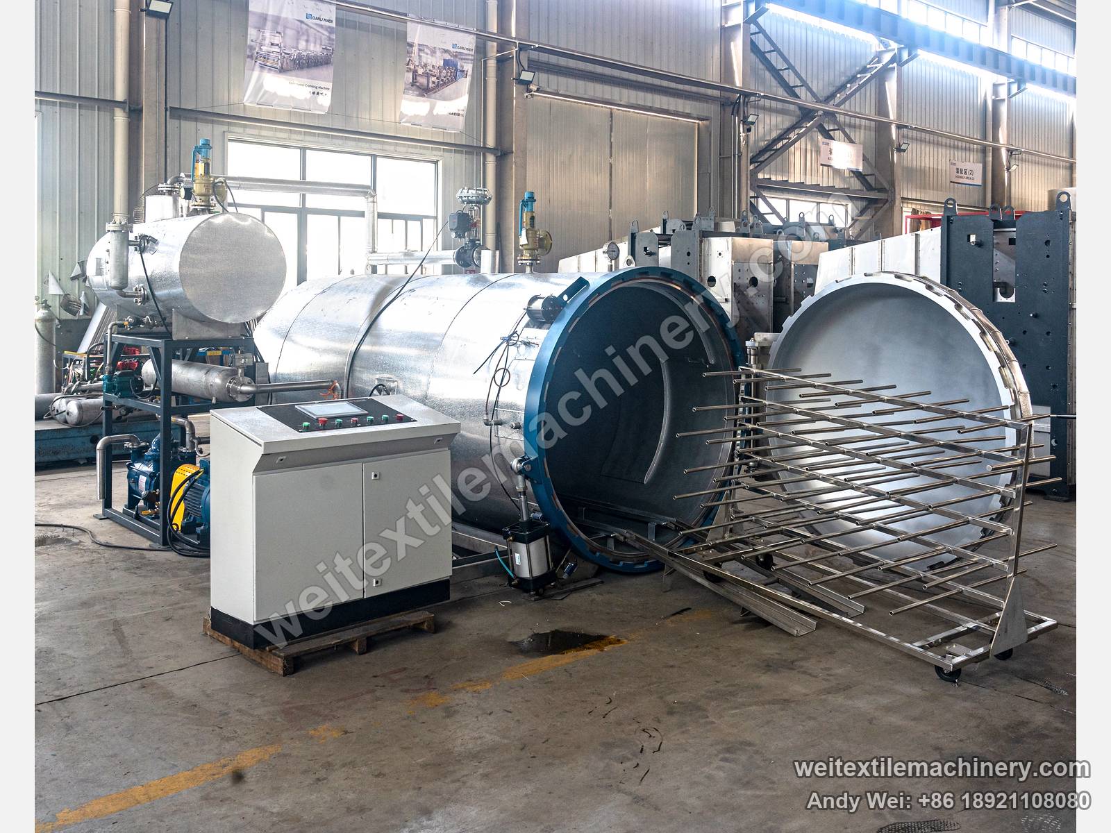QL WPF-ZS Vacuum Yarn Steaming Autoclave, front view, door open, yarn rack trolley at the opening